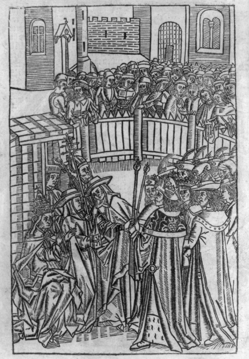 An engraving displays an image of the Pope urging others to join his crusade.