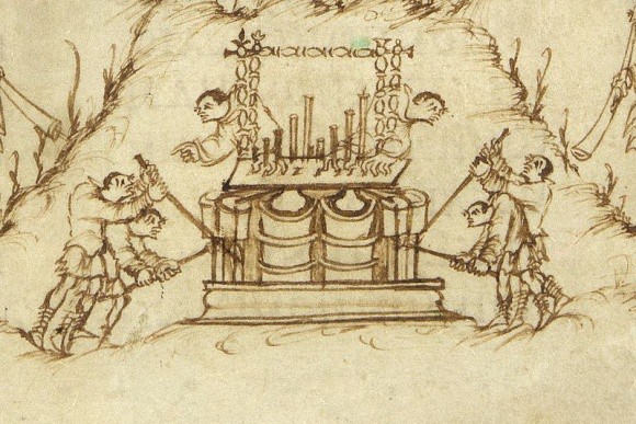 An ink drawing illustrating the use of an organ.
