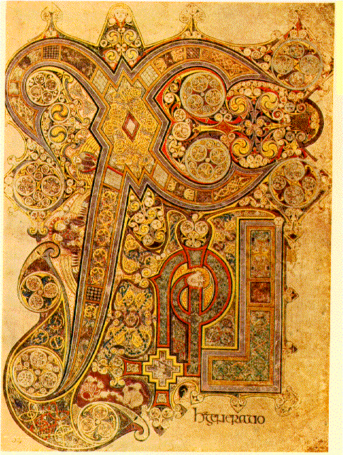 An elaborate illumination of the Chi Rho in a swirling Celtic style.