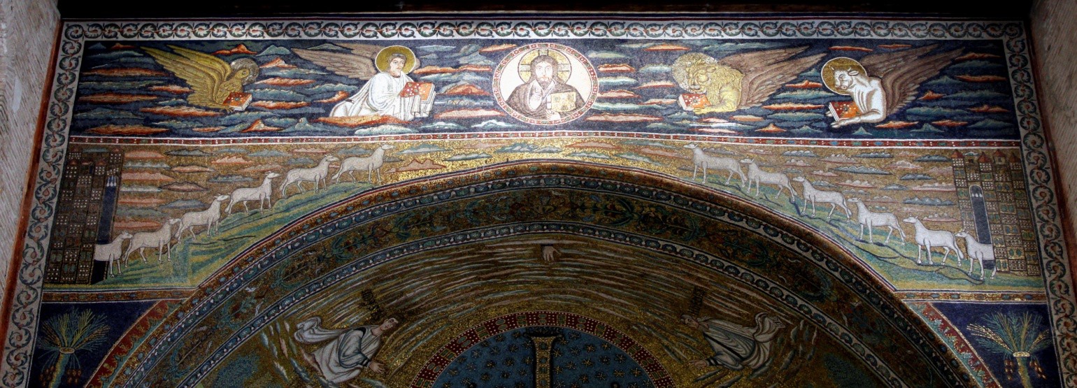 Sheep come from a building on each side of the arch as they climb toward the keystone. Center above all is a bearded Christ with a jeweled halo. Refer to the text for details.