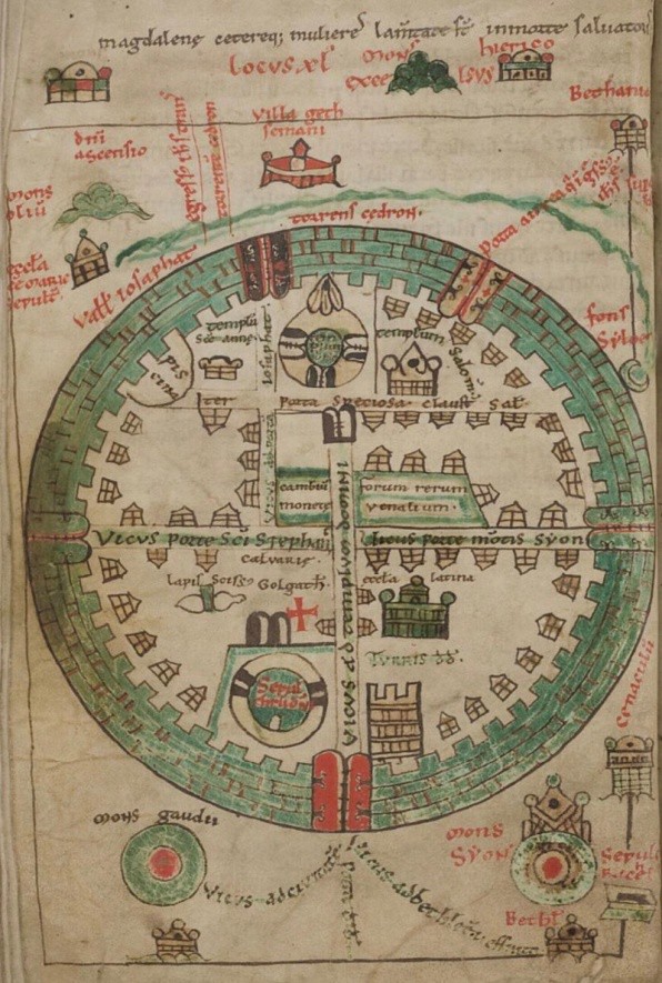 A map of Jerusalem that includes city walls and major streets.