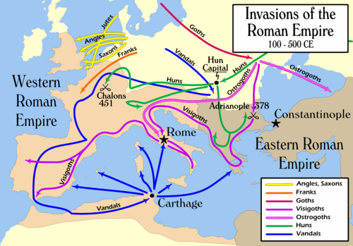 Map showing the paths of seven invasions into the Roman Empire.