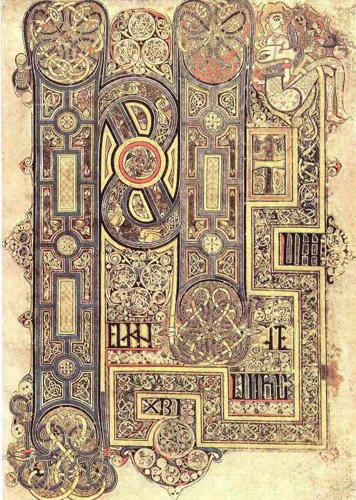 Title page of the Gospel of Mark using Celtic imagery and style to illuminate the first letter.