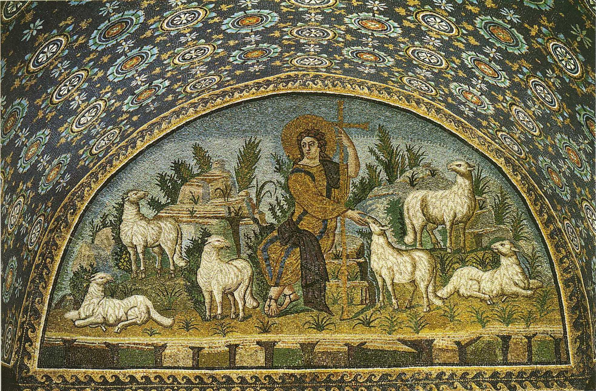 A mosaic in a semi-circle. The Shepherd is dressed in gold and purple, royal colors, and holds a staff topped with a cross. There are three sheep on each side of him. The background is emblematic, rather than realistic.