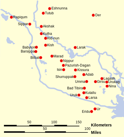 A map of Sumer clarifying its position between the Euphrates and Tigris rivers. The rivers drain into the Persian Gulf.
