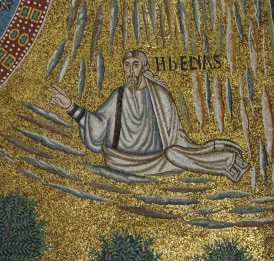 A robed man is seen with the top half of his body above the clouds.