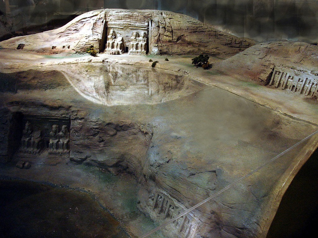 Image of the museum display showing the original position of the temple, now under water.