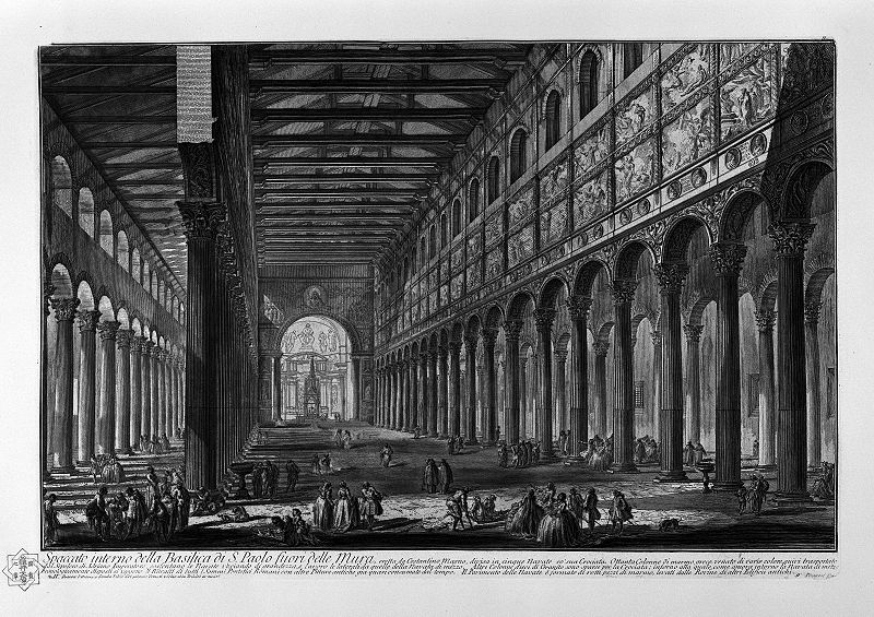 A drawing of the church interior from the viewpoint of the narthex.