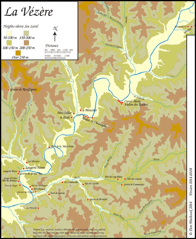 Map of various sites among the Vezere Valley of France.
