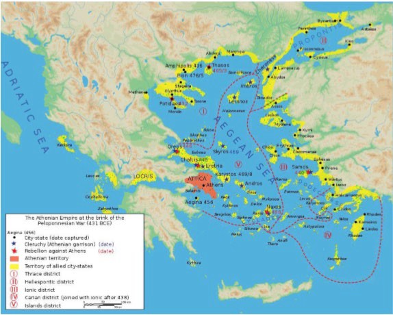 A map demonstrating the many members of the Delian League around the coasts of the Aegean Sea.
