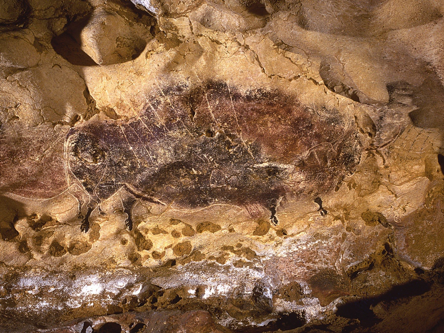 Painting of a bison striped by arrows from the Lascaux Caves in France.