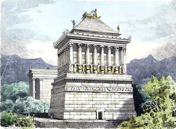 A drawing of the Mausoleum of Halicarnassus.