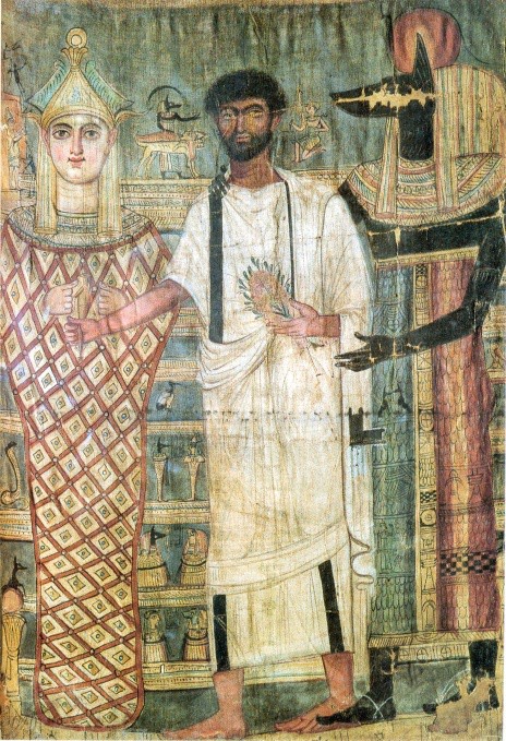 A shroud painted with a young man in Roman clothing surrounded by Anubis and Osiris.