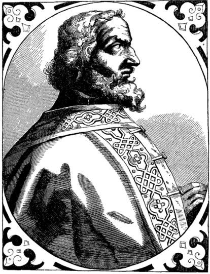 An engraving of the profile of a bearded man in a robe.