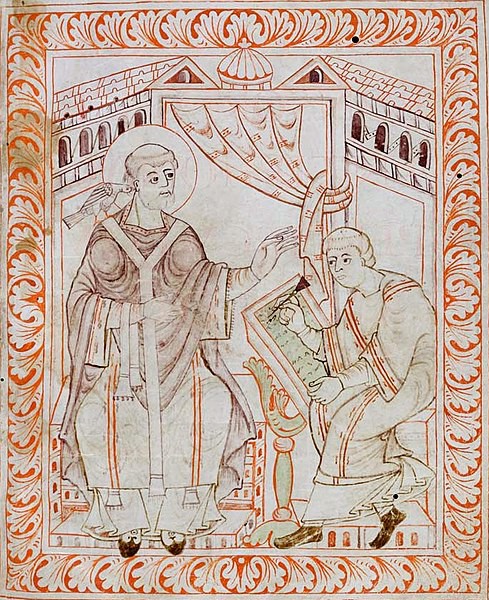 A drawing of Pope Gregory with a halo blessing a monk who illuminates a manuscript.