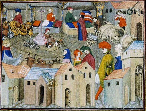 Illustration of a Paris market with tiny emblematic buildings.
