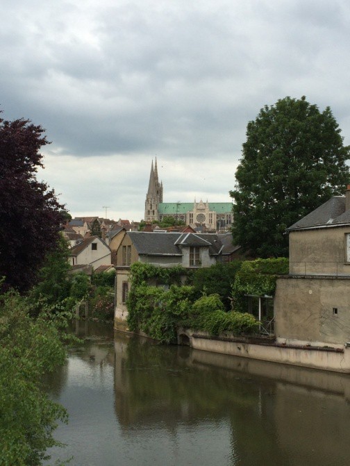 Chartres seen across a river.