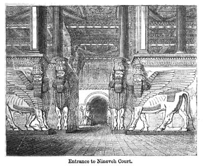 Huge carved bull-like creatures with wings and bearded human heads. They guard an arched entrance. One each side of the arch a figure faces directly forward and beside that figure one stands sideways with the face forward.