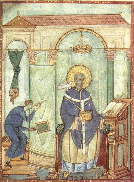 An illumination of a man with a dove on his shoulder who holds one book while reading from another that sits on a small table.