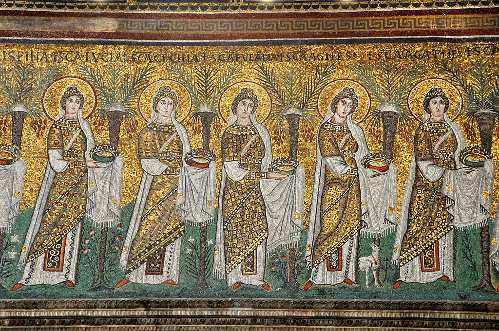 A close-up view of some off the procession of women. Above them is the strip with clerestory windows and the saints standing between them.