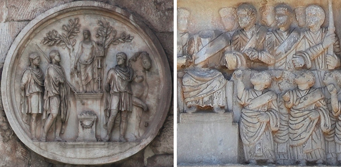 Two reliefs from the Arch of Constantine: left: roundel showing Sacrifice to Apollo. Right: detail, Distribution of Largesse, era of Constantine