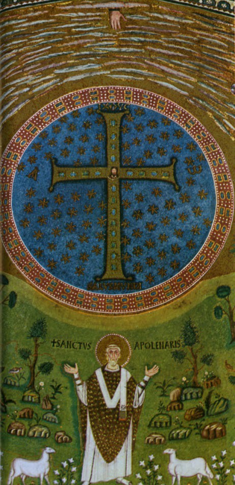 The golden cross above the mosaic of Apollinare has a bearded Christ in the center of it.