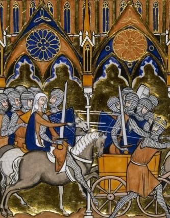 An illustration of a woman on horseback being led by soldiers. There is a lot of expensive blue and gold pigment used.