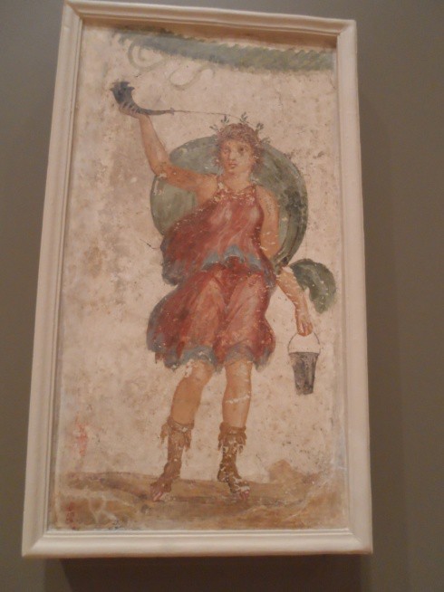 Painting of a young man holding a bucket and a horn. He is dressed in a short tunic with a cape and boots.