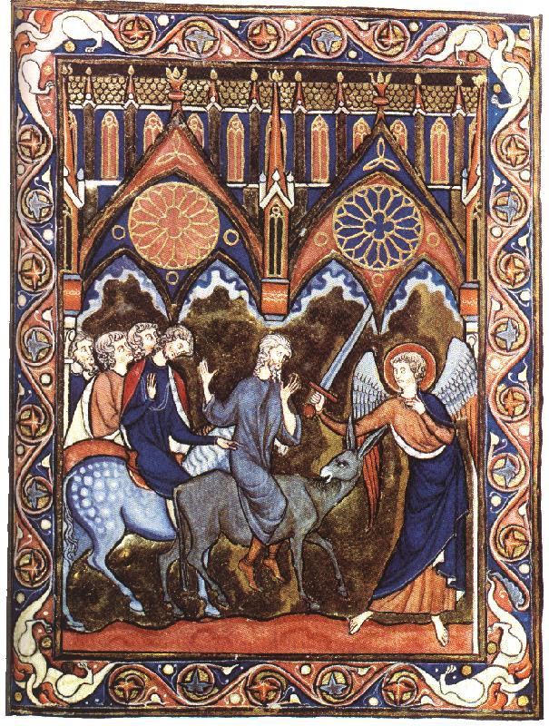 An illustration of a saint riding a donkey past a church with rose windows.