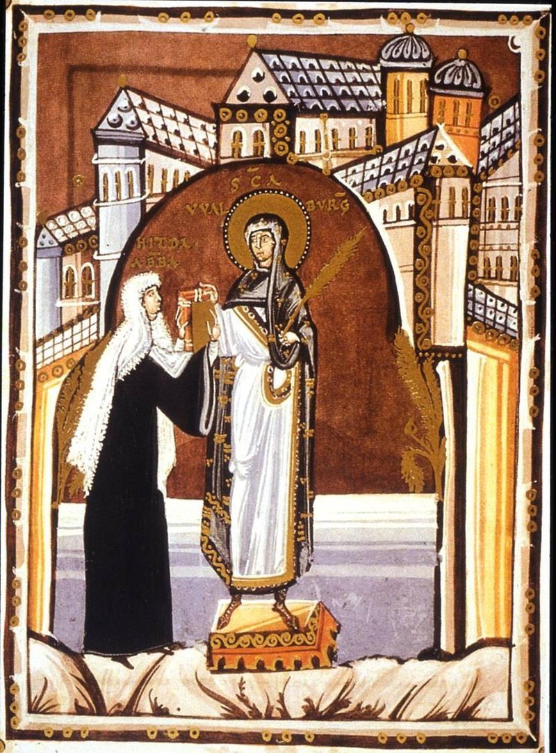 An image of a woman handing a book to a haloed saint.