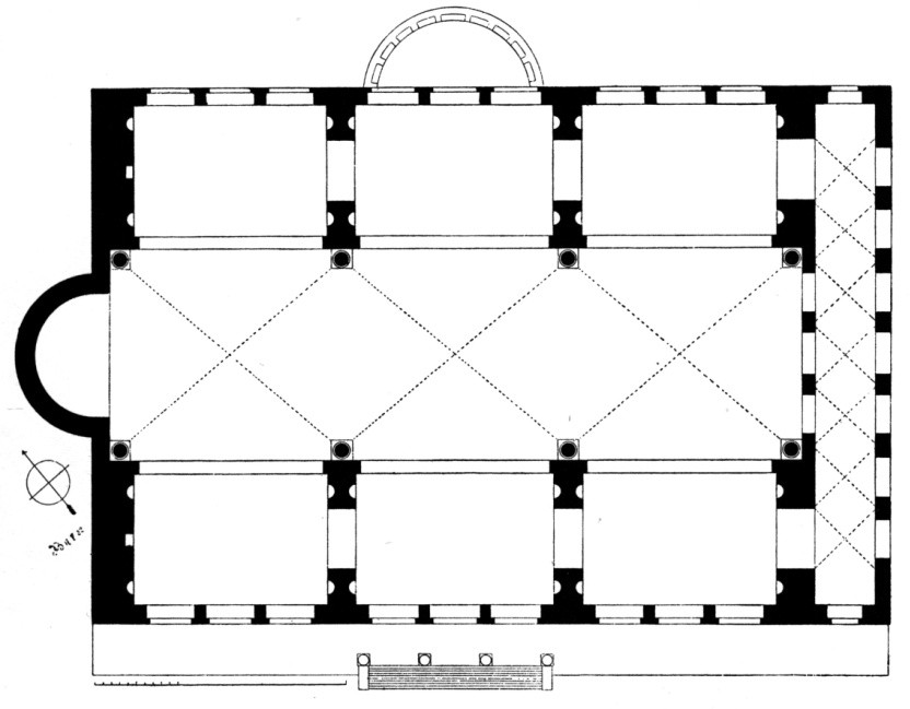 A ground plan of the basilica, showing an apse and nave as well as three areas on each side of the nave where windows allow light to filter in through upper windows.
