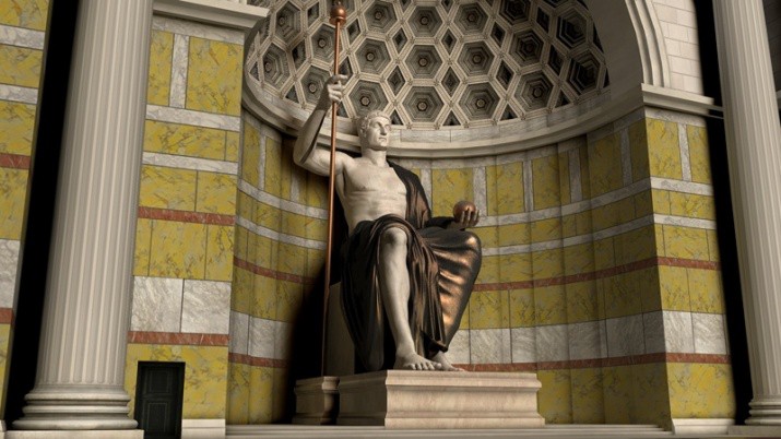 A reconstruction of the colossal statue of Constantine. It is on a platform sitting in the apse under a coffered dome.