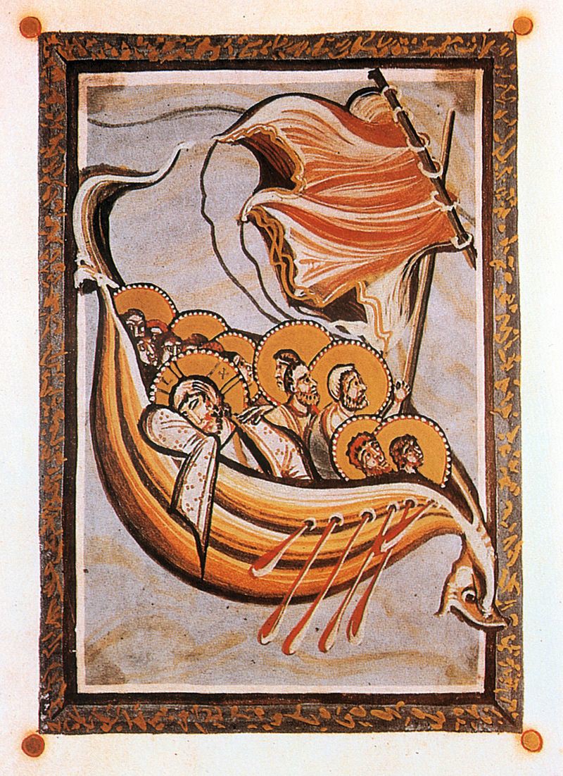 A small boat is tossed by the wind as Jesus sleeps and his apostles look fearful.