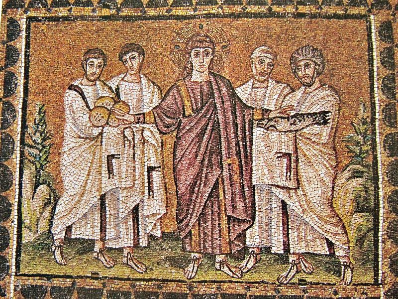 A close view of a beardless Christ handing loaves and fish to the four men that surround him. Refer to the text for details.
