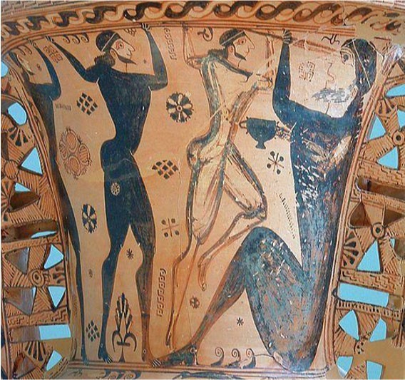 An image from a piece of pottery depicting the blinding of the Cyclops. See text for details.
