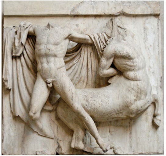 A carving in a metope of an ideal Greek defeating a centaur. Both are now headless.