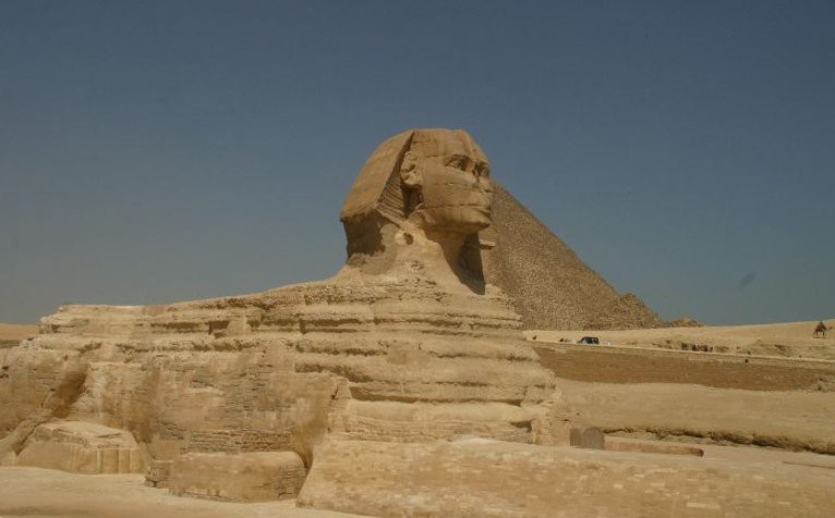 The Sphinx shown in front of the great pyramid.
