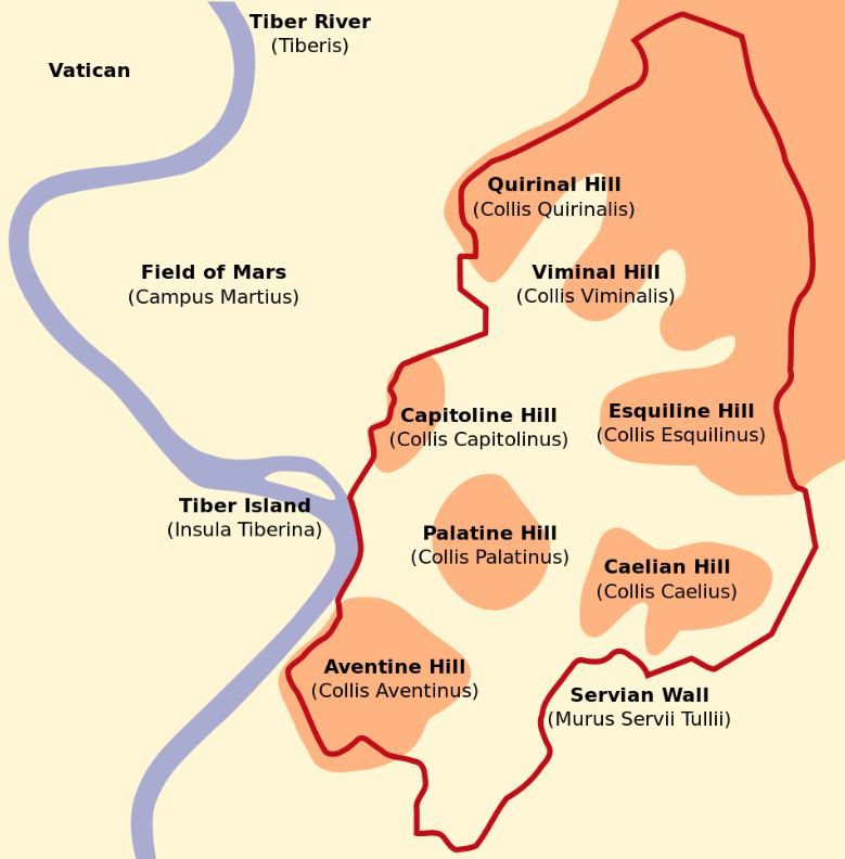A map of the Seven Hills of Rome and the Tiber River.