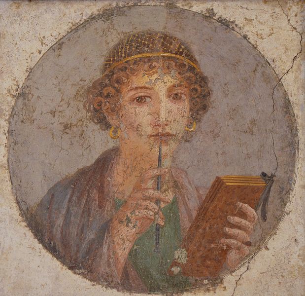 A realistic painting of a woman with a book and a quill pen. She has an expensive hair covering of a gold net and gold earrings.