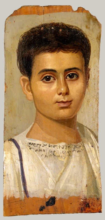 A painting of a young man with dark hair and who is dressed in white.