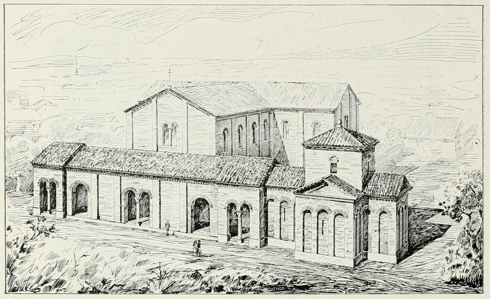 A drawing of a reconstruction of Santa Croce. It is a basilica with a transept and stands behind the mausoleum.