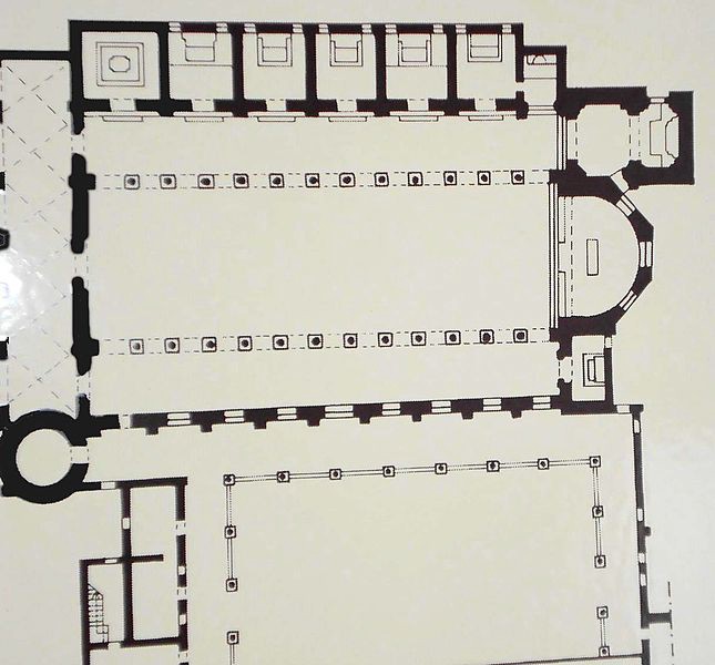 A ground-plan demonstrating the basilica design and identifying the location of the tower at the right front.