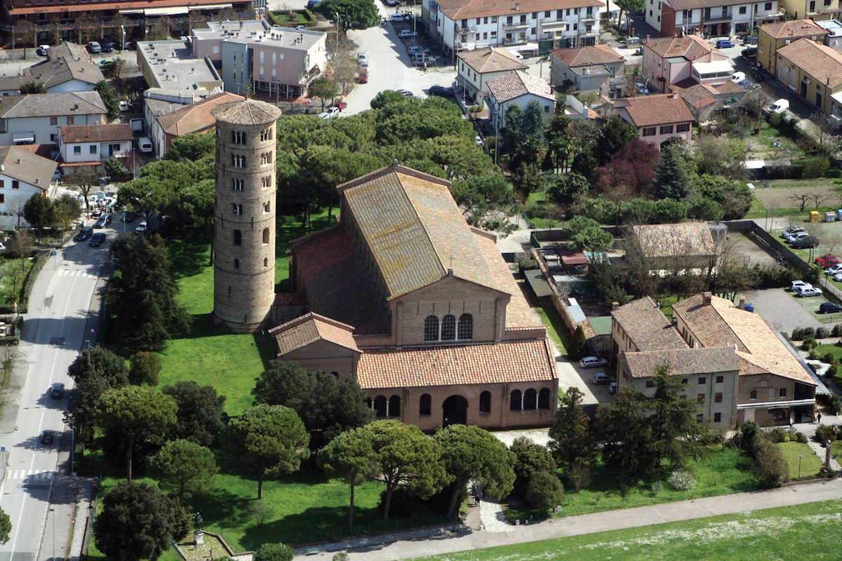 Aerial view of church showing narthex, nave and tower off to the side.