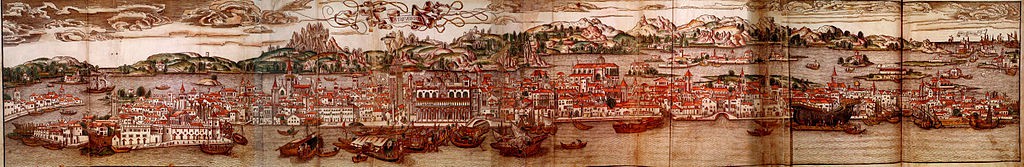 A drawing of Venice as seen from the water.