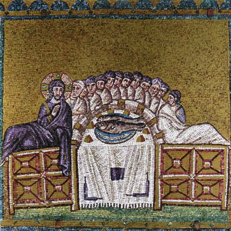 A mosaic of the Last supper. Refer to the text for details.