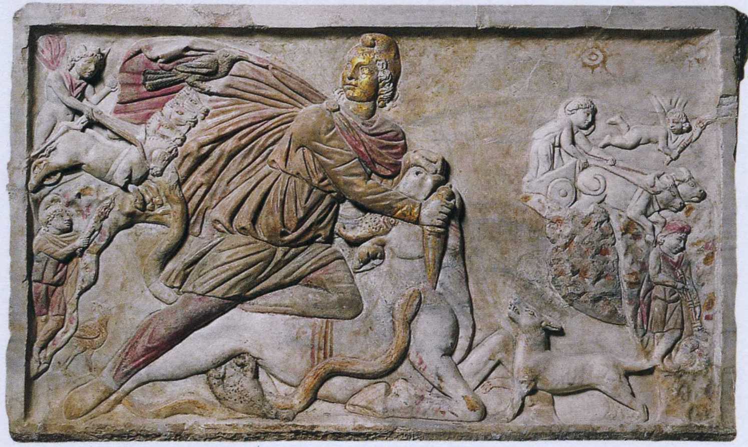 A bas relief of a man plunging a knife into the neck of a bull. His clothing flaps in the wind and he looks backward over his shoulder. Refer to the text for details.
