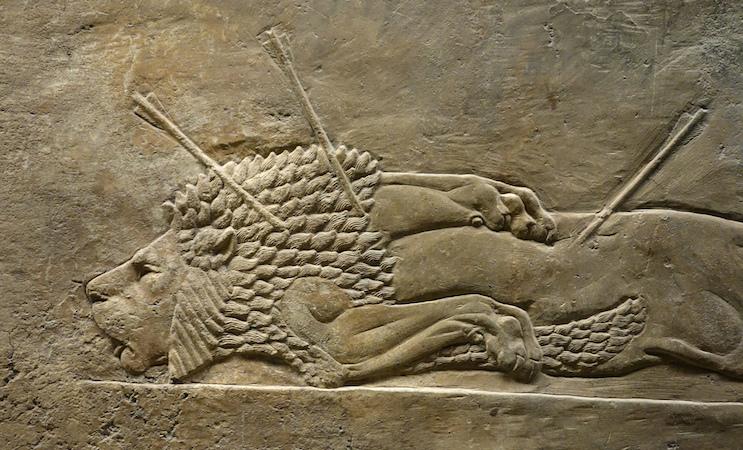 A bas relief of a male lion lying dead with arrows sticking out of it.