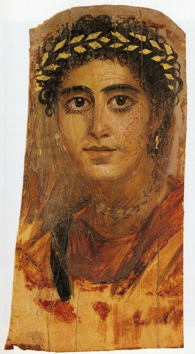 A painting of a young woman with dark hair and eyes, wearing a gold civic crown.