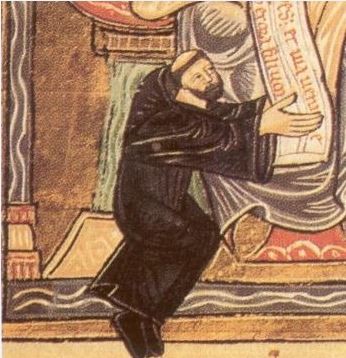 An illustration of a monk holding a codex.