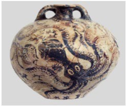 A large pot with a small opening at the top. A painted, realistic looking octopus covers most of it.